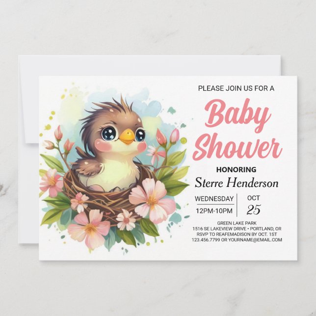 Invitation Baby shower d'oiseaux élégant au nid mignon (Devant)