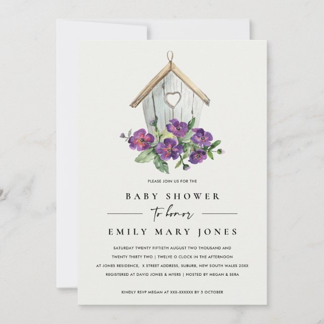 INVITATION BABY SHOWER D'OISEAUX FLORAUX BLANC BOHO RUSTIQUE (Devant)