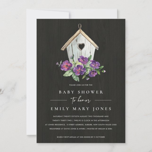INVITATION BABY SHOWER D'OISEAUX FLORAUX EN BOIS NOIR (Devant)