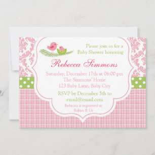Invitation Baby shower d'oiseaux Jeune fille Damas