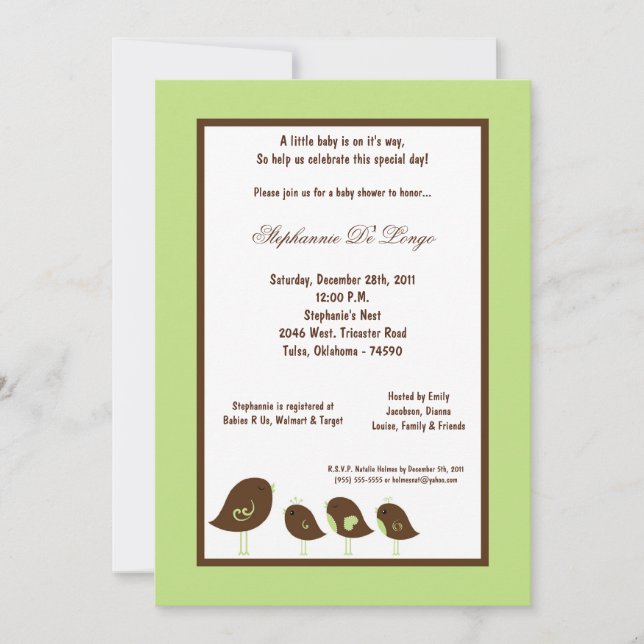 Invitation baby shower d'oiseaux vert clair 5x7 (Devant)