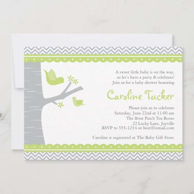 Invitation Baby shower d'oiseaux, vert et gris (Devant)