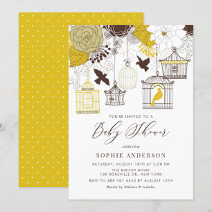 Invitation Baby shower d'oiseaux Vintages jaunes et Brown
