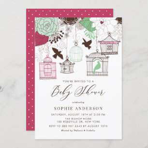 Invitation Baby shower d'oiseaux Whimsical Rouge et Vert