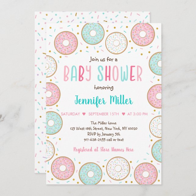 Invitation Baby shower Donut Pink Gold Pastel (Devant / Derrière)