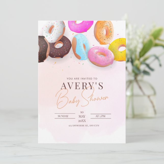 Invitation Baby Shower Donuts saupoudrés Rose Fille  (Debout devant)