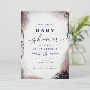 Invitation Baby shower d'or Abstrait moderne Marine & Rose