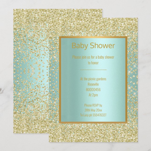 Invitation Baby shower D'OR AQUA VERT BLEU DIAMOND SPARKLE (Devant / Derrière)