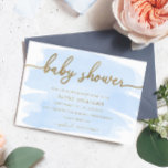 Invitation Baby shower d'or bleu aquarelle<br><div class="desc">Cette invitation baby shower présente un design d'aquarelle intemporel avec un faux titre de feuille d'or. L'en-tête or n'est pas modifiable mais tout le texte peut être customisé pour convenir à votre événement.</div>