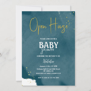 Invitation baby shower d'or bleu marine ouvert
