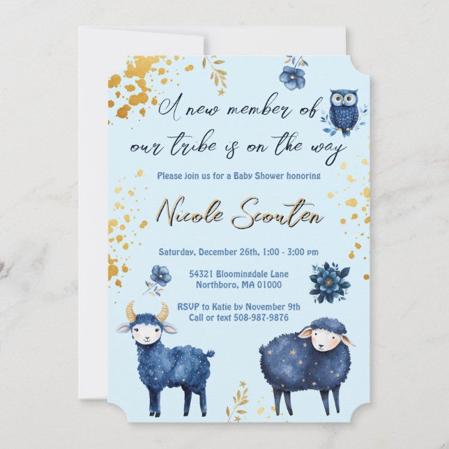 Invitation Baby shower d'or bleu Whimsland (Devant)