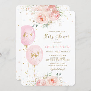 Invitation Baby shower d'or des ballons floraux rose vif mode