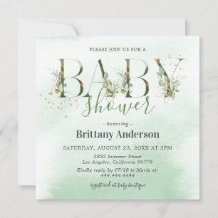 Invitation Baby shower d'or Eucalyptus rustique
