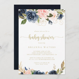 Invitation Baby shower d'or floral Blush de la Marine