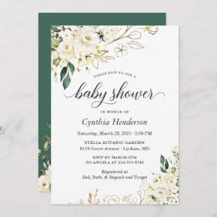 Invitation Baby shower d'or Floral Rose blanche verdure