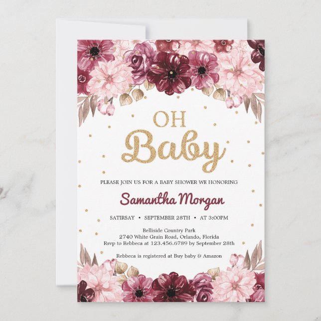 Invitation baby shower d'or floral rose brun Boho (Devant)