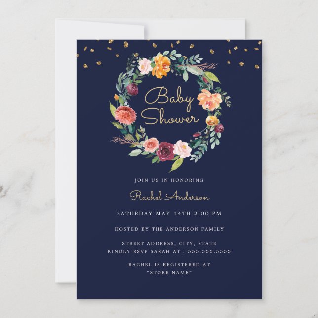 Invitation Baby shower d'or Floral Wreath Navy (Devant)