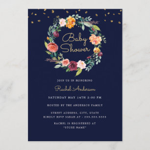 Invitation Baby shower d'or Floral Wreath Navy