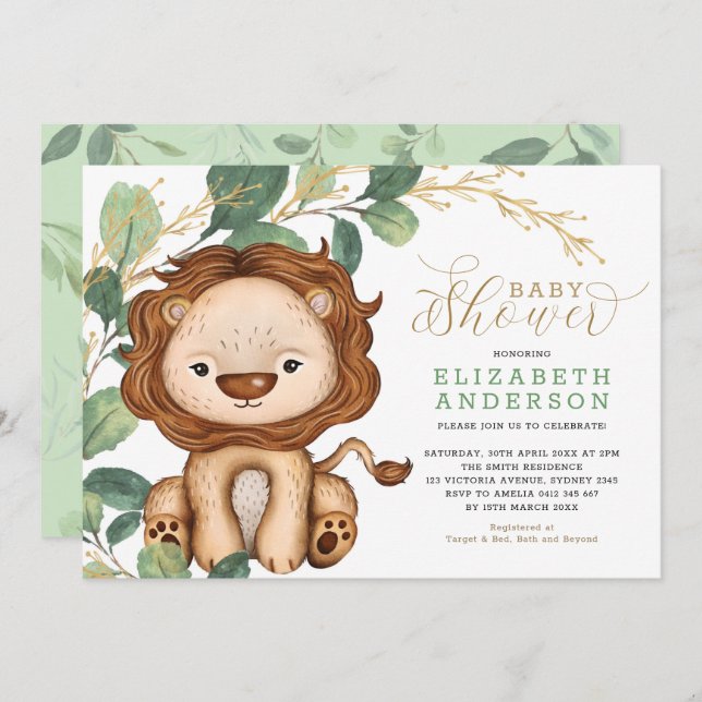 Invitation Baby shower d'or neutre Lion doux (Devant / Derrière)