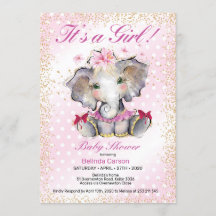 Invitation Baby shower d'or rose Baby Elephant