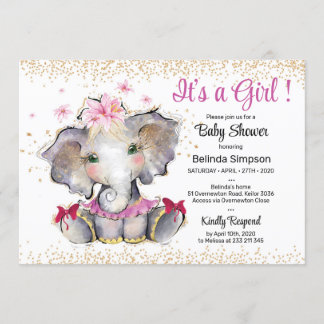 Invitation Baby shower d'or rose Baby Elephant