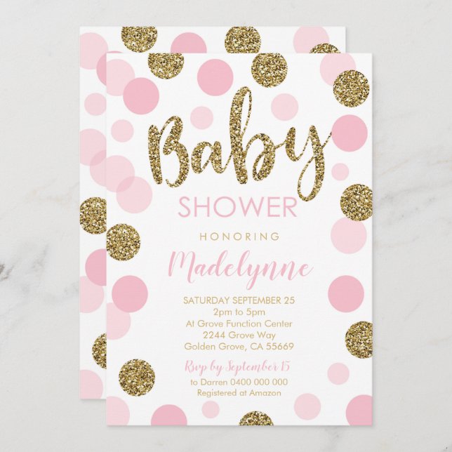 Invitation Baby shower d'or rose Confetti Girl (Devant / Derrière)