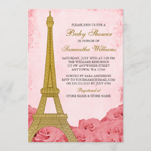 Invitation Baby shower d'or rose de la Tour Eiffel Roses
