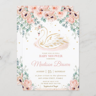 Invitation Baby shower d'or rose floral Swan Princess