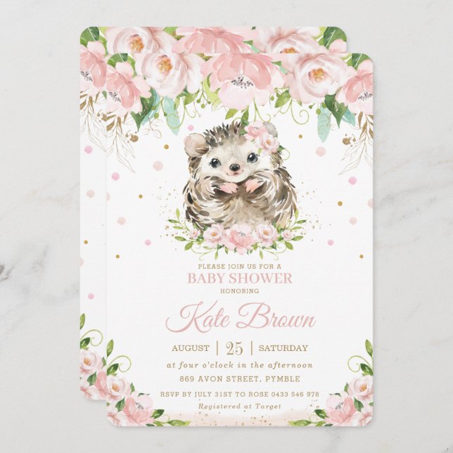 Invitation Baby shower d'or rose pâle de Hérisson (Devant / Derrière)
