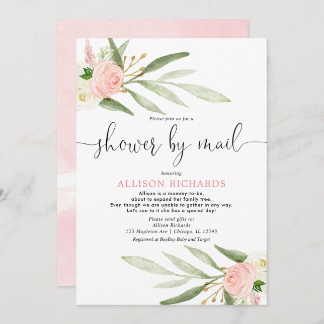 Invitation baby shower d'or rose verdoyant par courtier (Devant / Derrière)