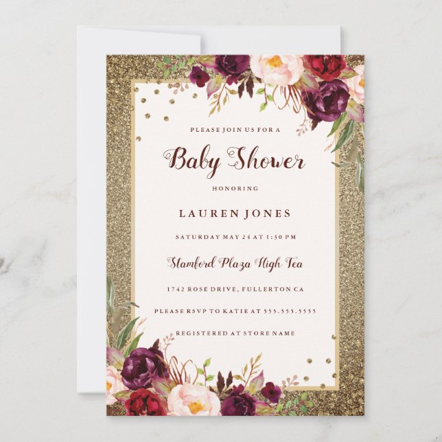 Invitation Baby shower d'or Sparkle à fleurs de Bourgogne Inv (Devant)