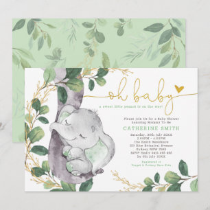 Invitation Baby shower d'or vert éléphant vert de verdure mod