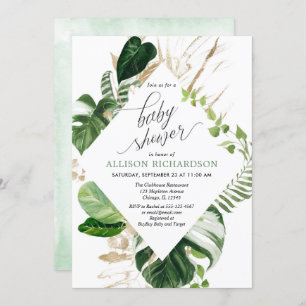 Invitation baby shower d'or vert tropical neutre pour les fem