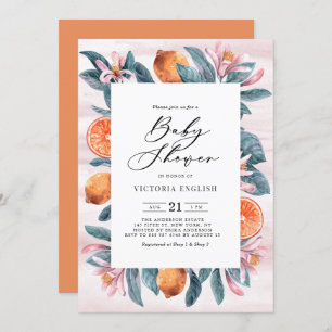 Invitation Baby shower d'Oranges botaniques et de fleurs rose