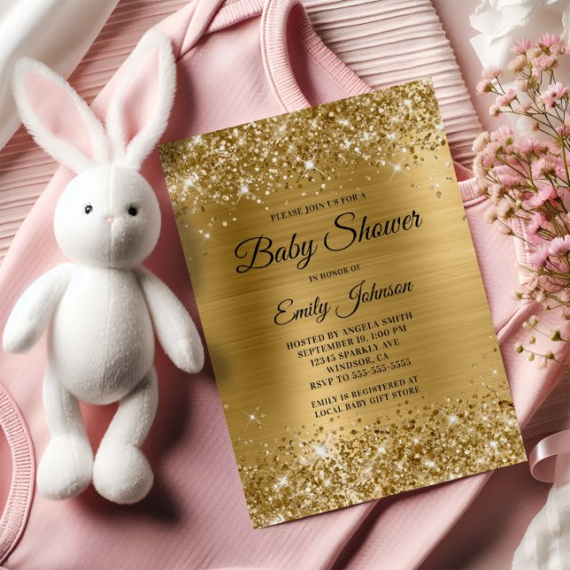 Invitation Baby Shower Doré Pailleté Papier Aluminium Écritur (Baby Shower Gold Glittery Foil Fancy Script Invitation)