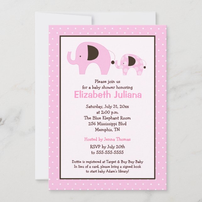Invitation Baby shower Dottie Elephant (rose clair (Devant)