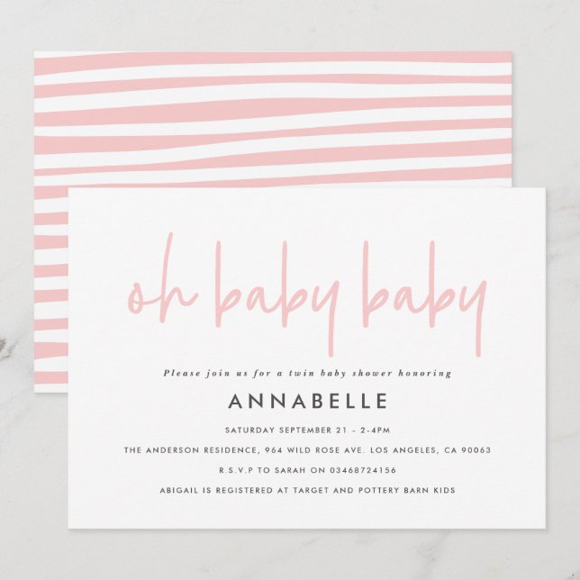 Invitation Baby shower double rose girly typographie moderne (Devant / Derrière)