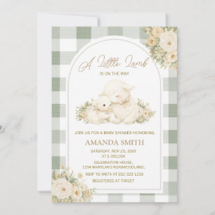 Invitation Baby shower Douce Agneau Vert Sauge à Carreaux