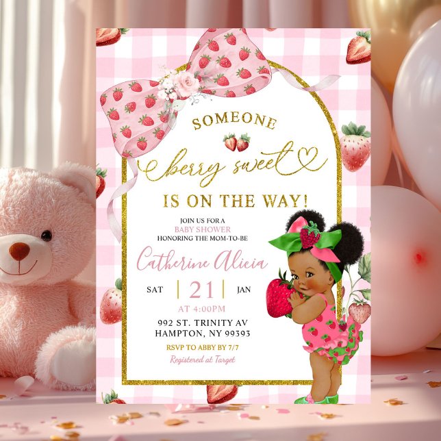 Invitation Baby Shower Douce Coquette Gingham Fraise Rose (Créateur téléchargé)