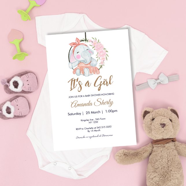 Invitation Baby shower douce fille rose Eléphant (Sweet Pink Girl Elephant Baby Shower Invite)