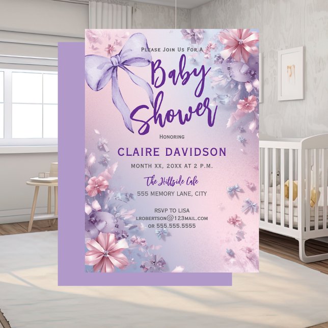 Invitation Baby Shower Douce Pourpre (Baby Shower Soft Purple Pink and Blue Bows)