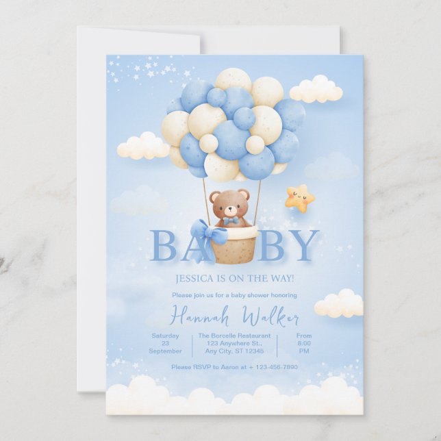 Invitation Baby shower d'ours à ballon bleu (Devant)