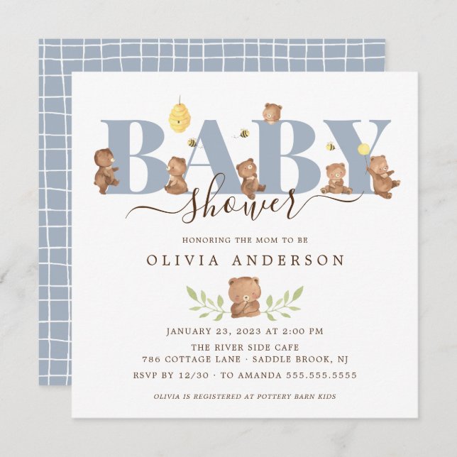 Invitation Baby shower d'ours au miel (Devant / Derrière)