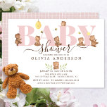 Invitation Baby shower d'ours au miel<br><div class="desc">Baby shower mignon avec d'adorables nounours couleur eau avec le mot BABY en rose et une ruche d'abeilles et de minuscules abeilles. Retournez notre conception pour voir notre coordination de retour.</div>