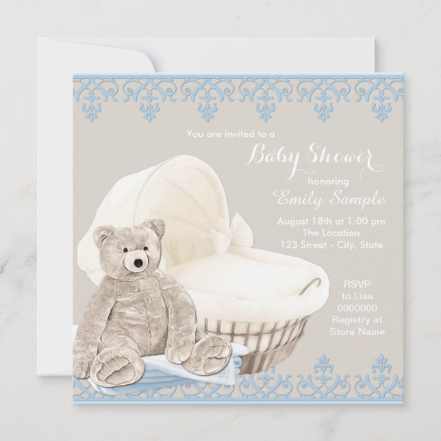 Invitation Baby shower d'ours beige et bleu Teddy (Devant)