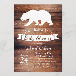 Invitation Baby shower d'ours blanc et bois de la grange russ