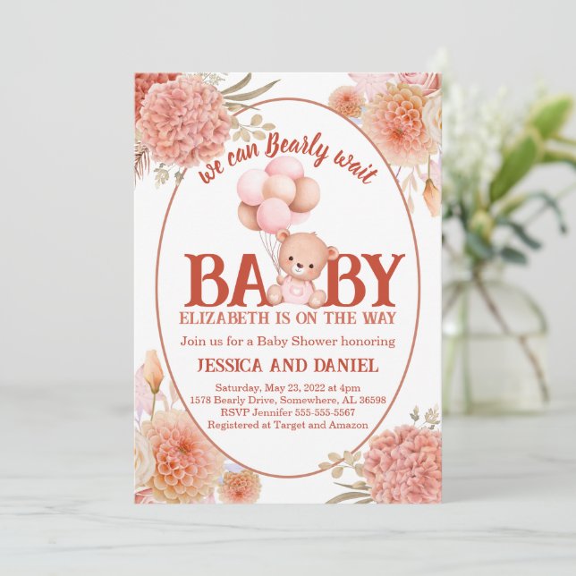 Invitation Baby shower d'ours blanc et rose (Debout devant)
