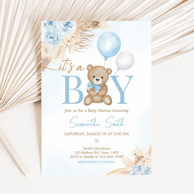 Invitation Baby shower d'ours bleu d'attente (Blue Boho Bear Balloon Baby Shower Invitation)