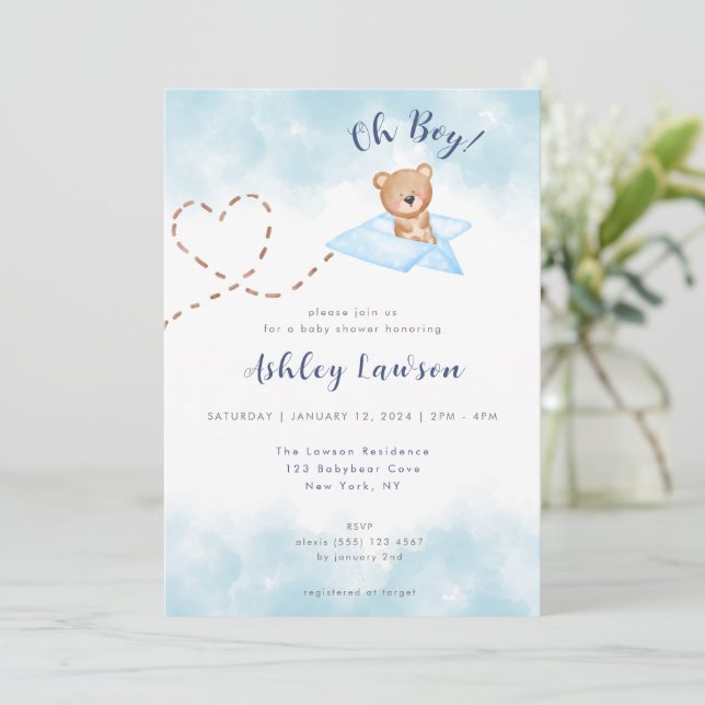 Invitation Baby shower d'Ours Bleu d'avion Invitation-Boy (Debout devant)