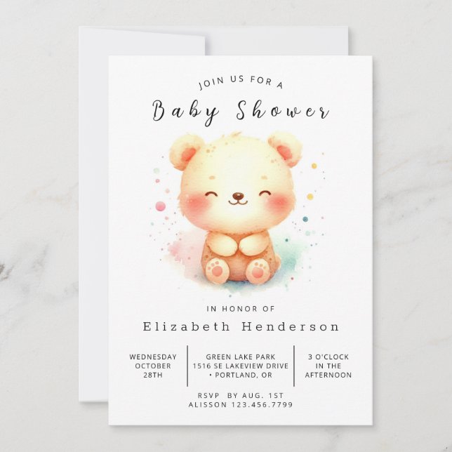 Invitation Baby shower d'ours chic à imprimer (Devant)